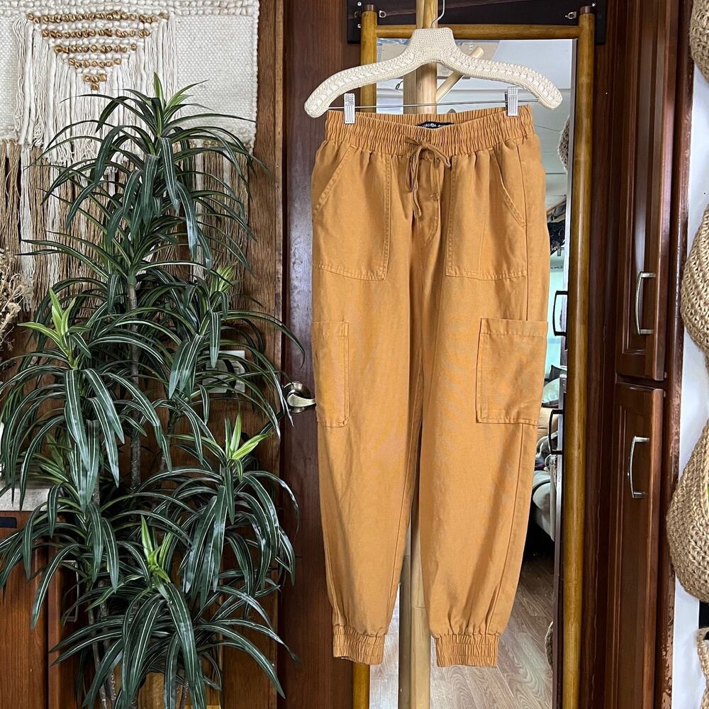 Mamba Elastic Waist Pants Womens 28 Tan Tencel Jogger Utility Ankle Casual Soft